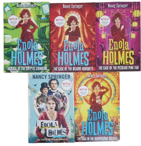 Young Adult Fiction Enola Holmes The Case of the Bizarre Bouquets Peculiar pink fan Cryptic Crinoline Disappearing Duchess Missing Marquess 5 books collection set by Nancy Springer