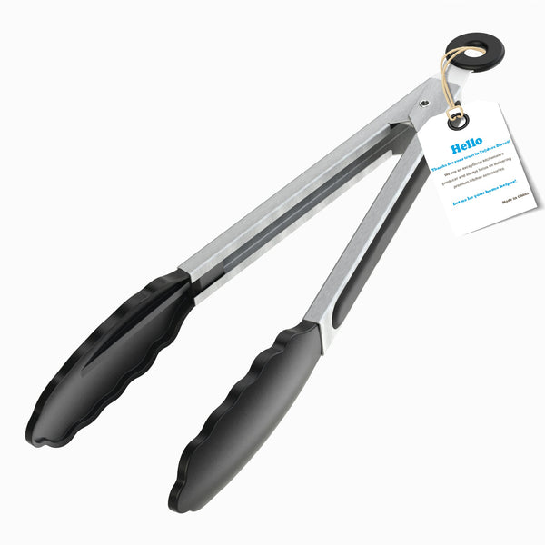 Stainless Steel Kitchen Tongs (9 inch Black) - Non-Slip, Heat Resistant, Silicone Tongs for Food, BBQ and Salad Ice - Handy Utensil for Cooking with Smart Locking Clips - Children Store Co.