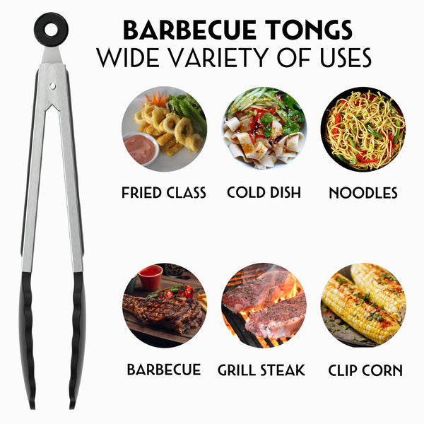 Stainless Steel Kitchen Tongs (9 inch Black) - Non-Slip, Heat Resistant, Silicone Tongs for Food, BBQ and Salad Ice - Handy Utensil for Cooking with Smart Locking Clips - Children Store Co.