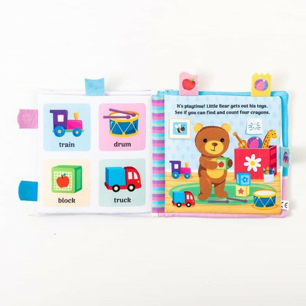 Little Bears Busy Day Sensory Cloth Book, Baby Material Interactive Soft Cloth Squeak Book - Children Store Co.