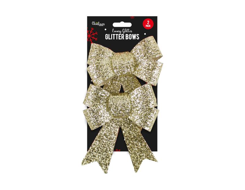 Gold Glittered Christmas Large Bows - 2 Pack - Children Store Co.