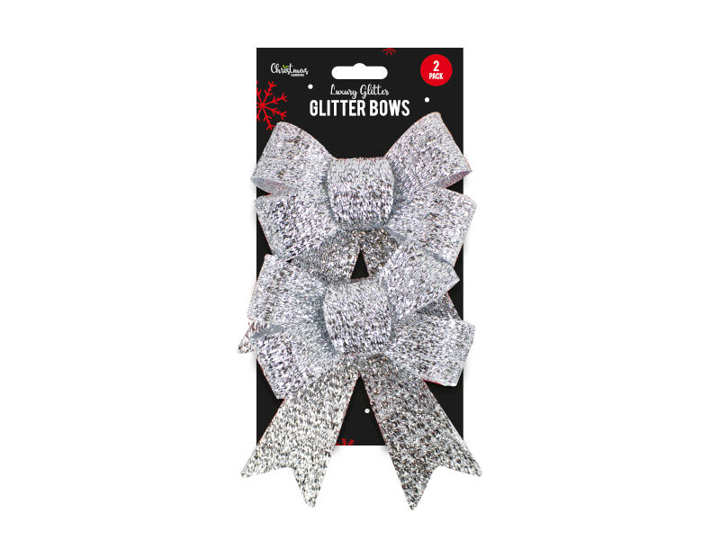 Silver Glittered Christmas Large Bows - 2 Pack - Children Store Co.